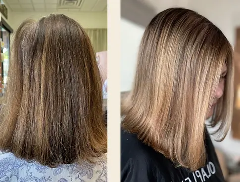 Before and after photo of Peggy J., a client who regularly receives root touch-ups and Modern Blonde Fusion as needed. She visits consistently to maintain her color and gray coverage.