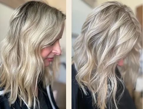 before and after phot of Amy G, a Blonde Refresh client with bright blonde highlights for an all-over blonde look at Spinosi's Hair Studio in Hoover, Alabama