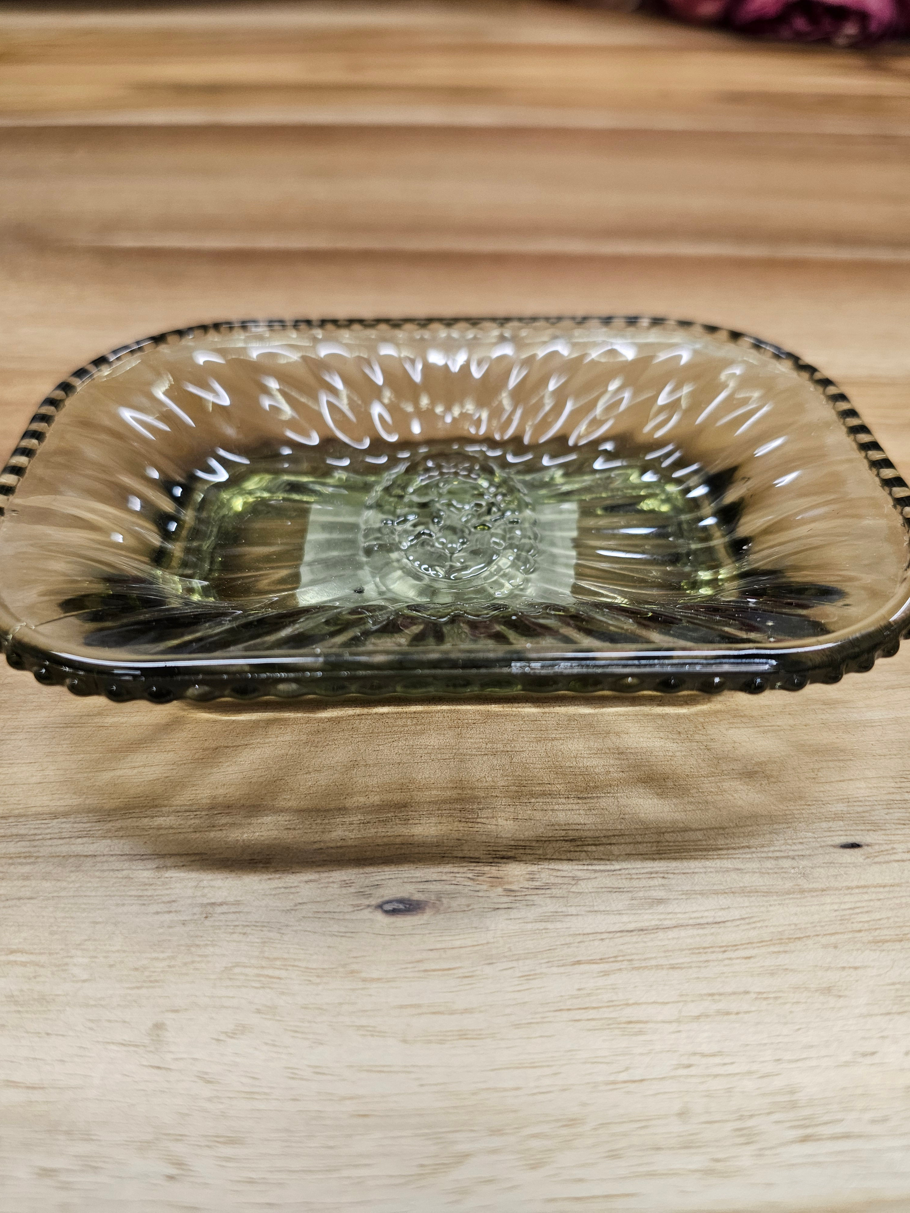 green glass soapdish