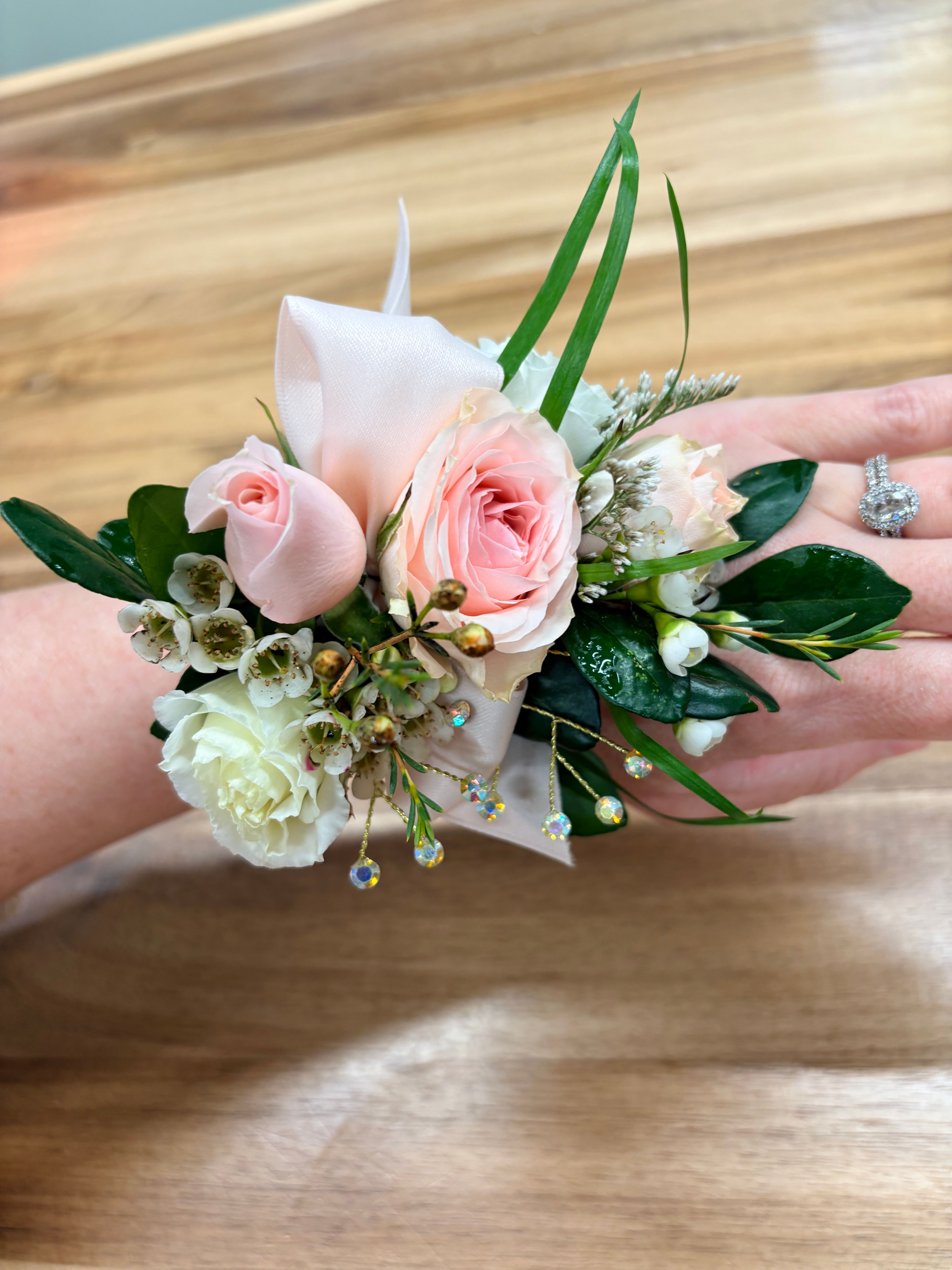 Pink and White Spray Rose Wrist Corsage
