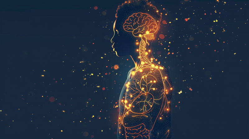 Human figure with internal body systems represented as a glowing cosmic universe — brain as a star cluster, heart as a radiant core, lungs as flowing nebula clouds, digestive system as soft energy currents, constellations connecting systems like a map, deep space color palette with indigo, gold, and soft cyan, elegant and symbolic, educational not fantasy, Afro-futurist tone, sense of awe and discovery, clean composition, minimal background, cinematic lighting, high-resolution digital illustration, respectful and empowering