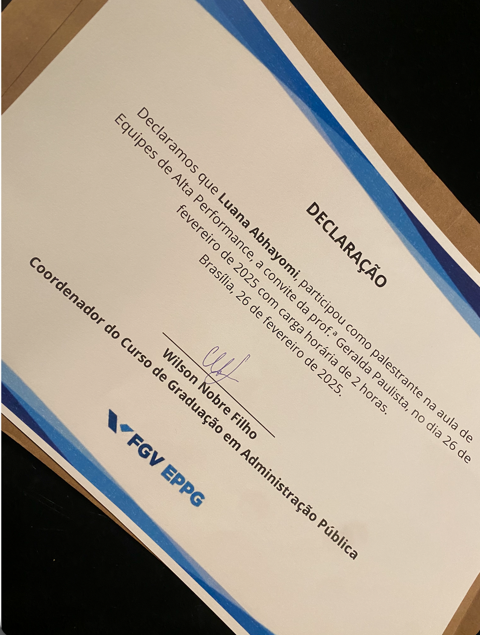 Declaração de apresentação de jovem com síndrome de Down em performance na FGV.