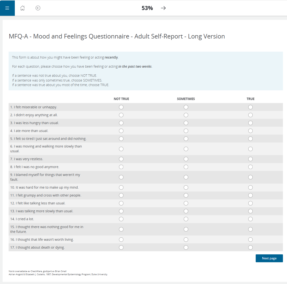 MFQ-A - Mood and Feelings Questionnaire - Adult Self-Report - Long Version