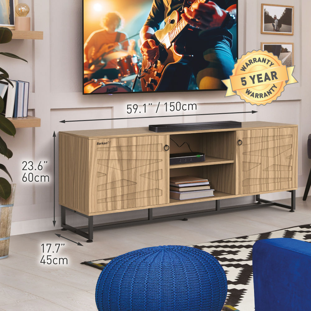 דגם ארז ארוך- מזנון טלוויזיה ברקן באורך 150 ס"מ, עם 4 תאי איחסון