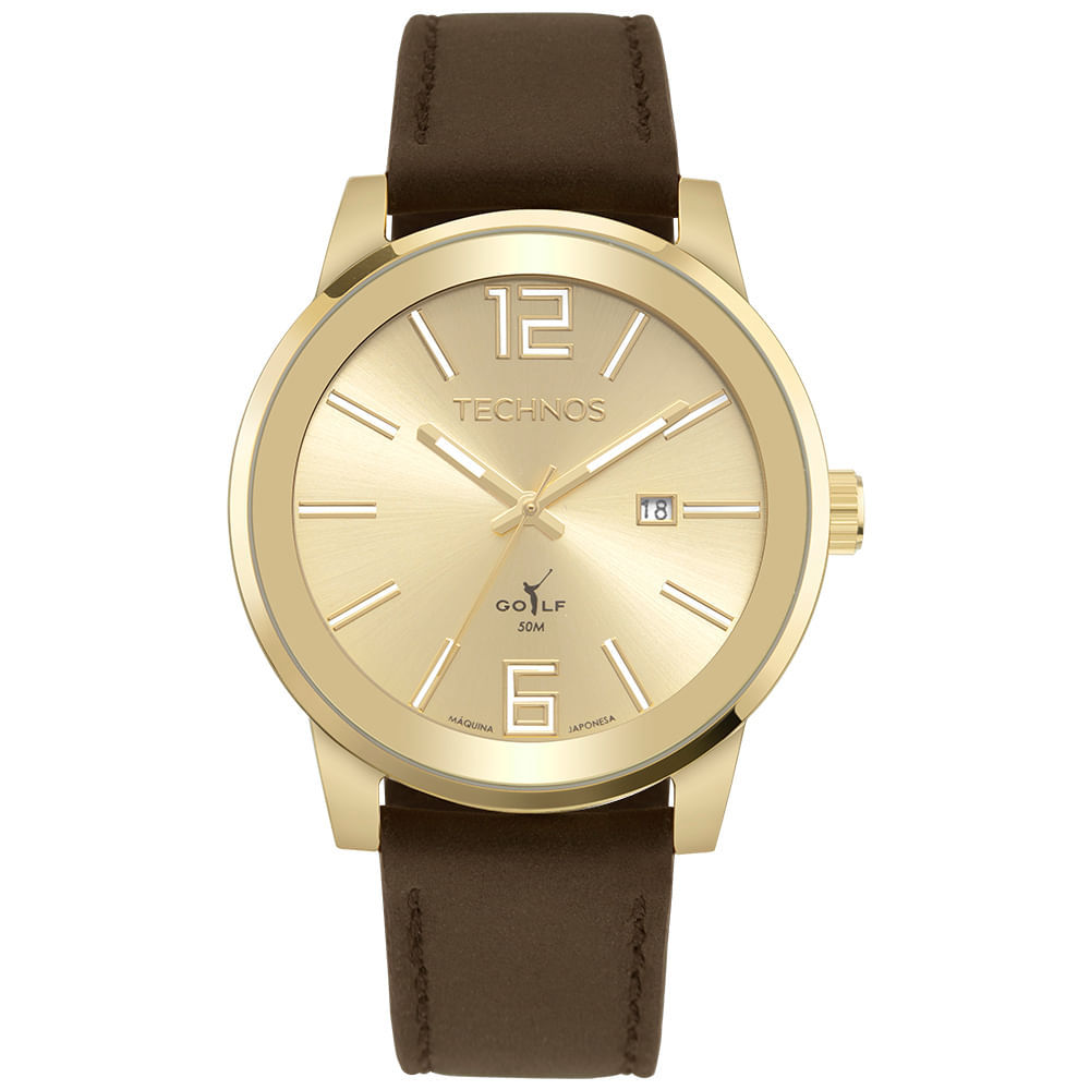 Technos Men's Gold Stainless Steel Watch – Brown Leather Strap
