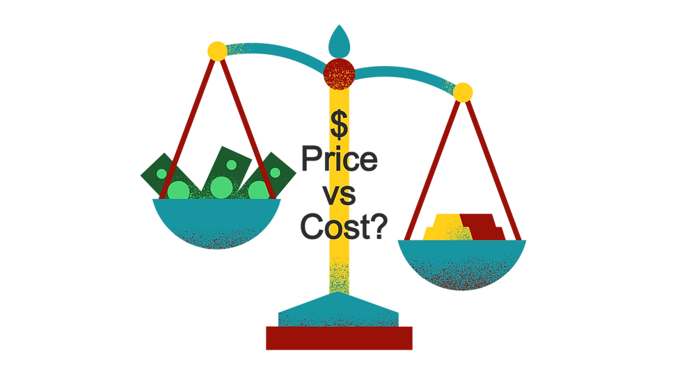 two part scale with prompt of "$ price vs cost?" related to cost based pricing