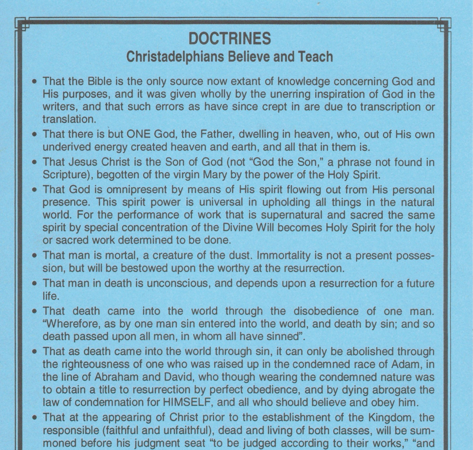 Doctrines Christadelphians Believe and Teach