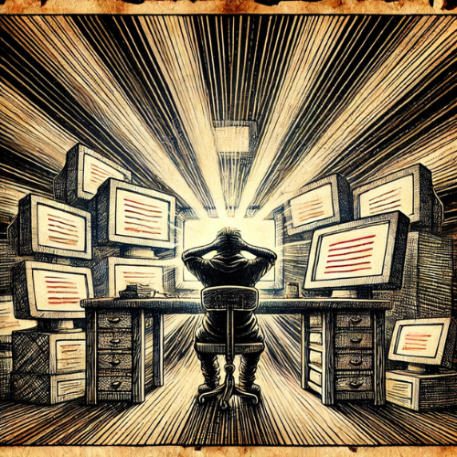 A person sitting at a desk with eight screens not knowing what to do