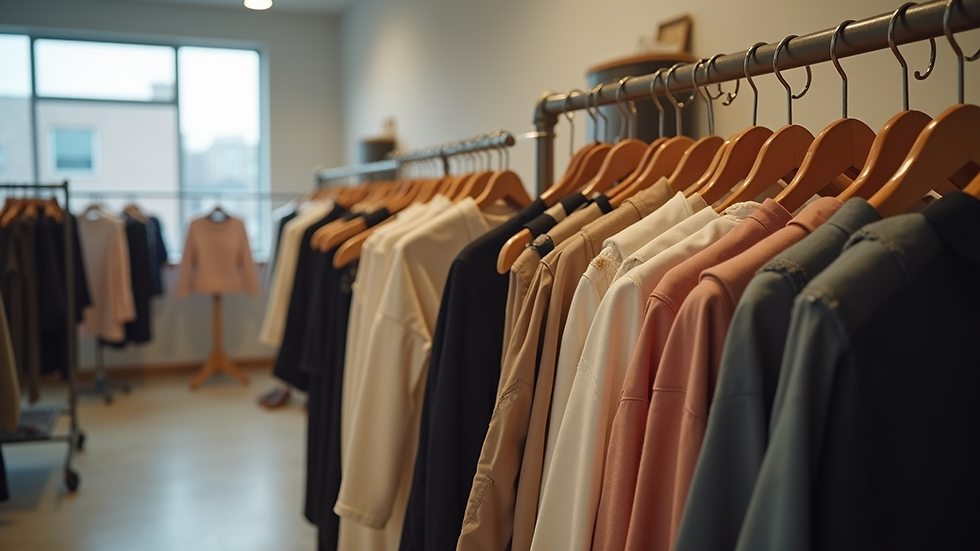 eye-level view of clothing rack with various women's apparel