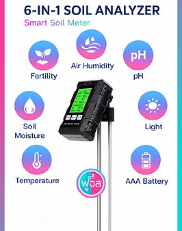 เครื่องวัดคุณภาพดิน 6 in 1 (ความชื้น กรด-ด่าง แสง อุณหภูมิ pH ความอุดมสมบูรณ์)