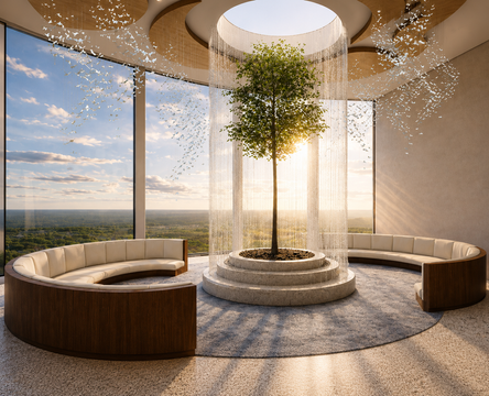 Lobby with Built-In Water Feature and Tree