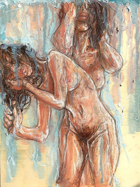 Donna sotto la doccia, 40x30, pittura ad olio e pastelli ad olio