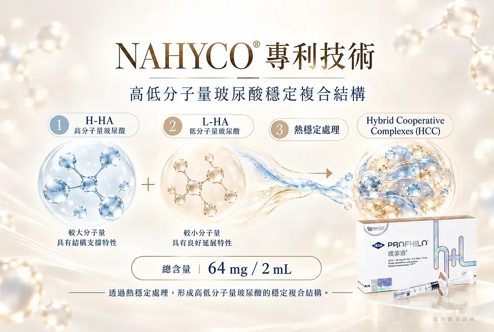 恩羽醫美 PROFHILO 逆時針 NAHYCO® 熱穩定技術與 HCC 複合結構示意