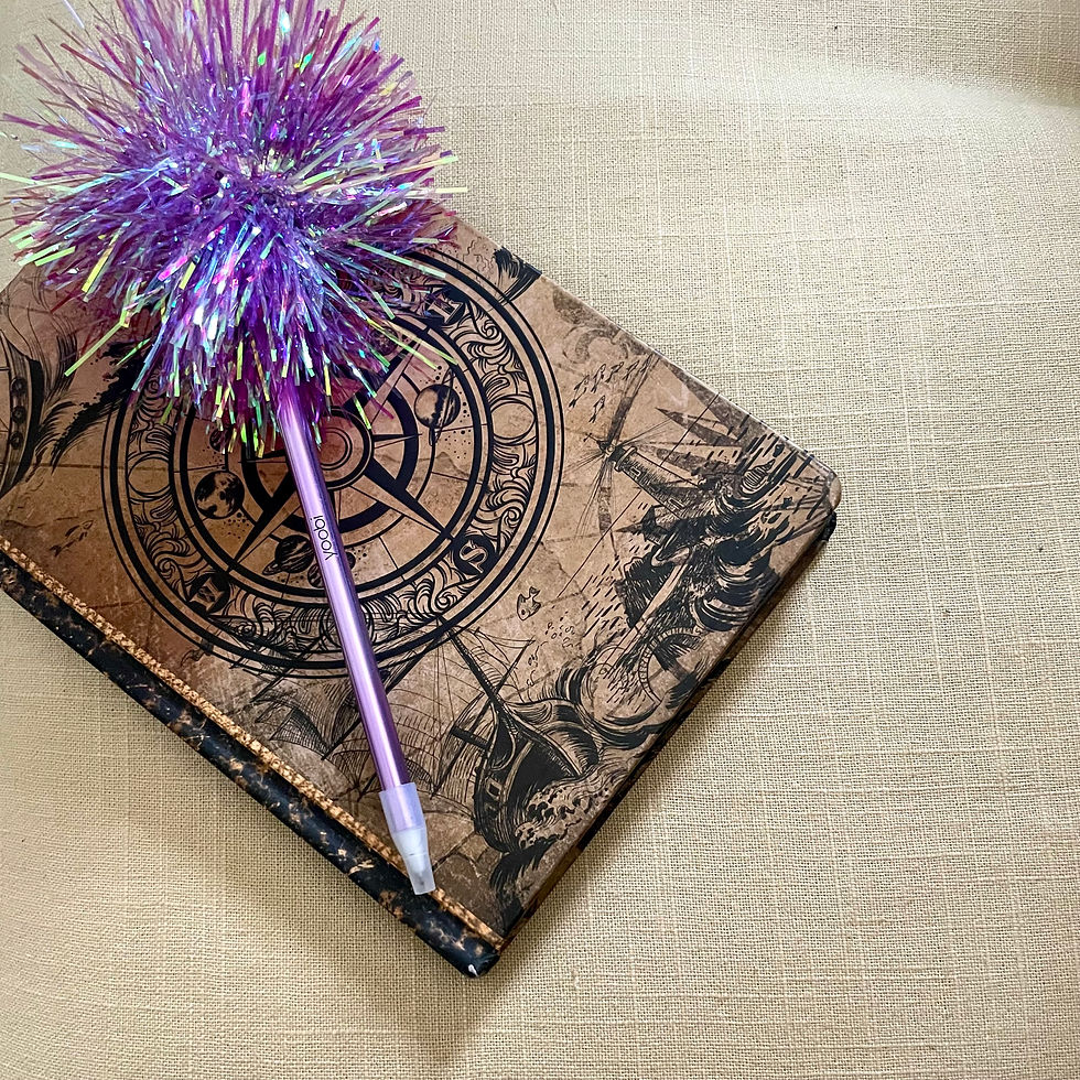 Armida Warrior | HumanCanvas | How To Love Yourself | 'Nightly Lists' Notebook | A compass notebook with a frilly purple pen on top of it