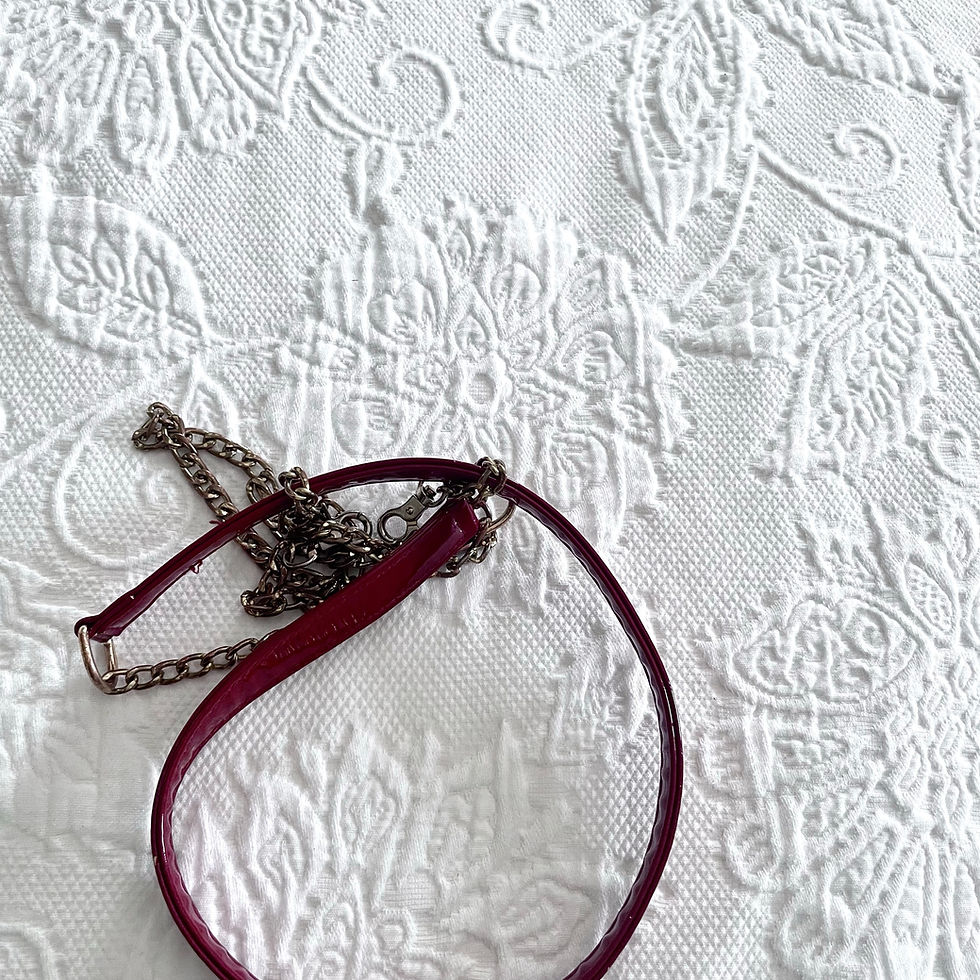 Armida Warrior | HumanCanvas | DIY Closet Love | Swapping Purse Straps | A red purse strap curled on a mattress