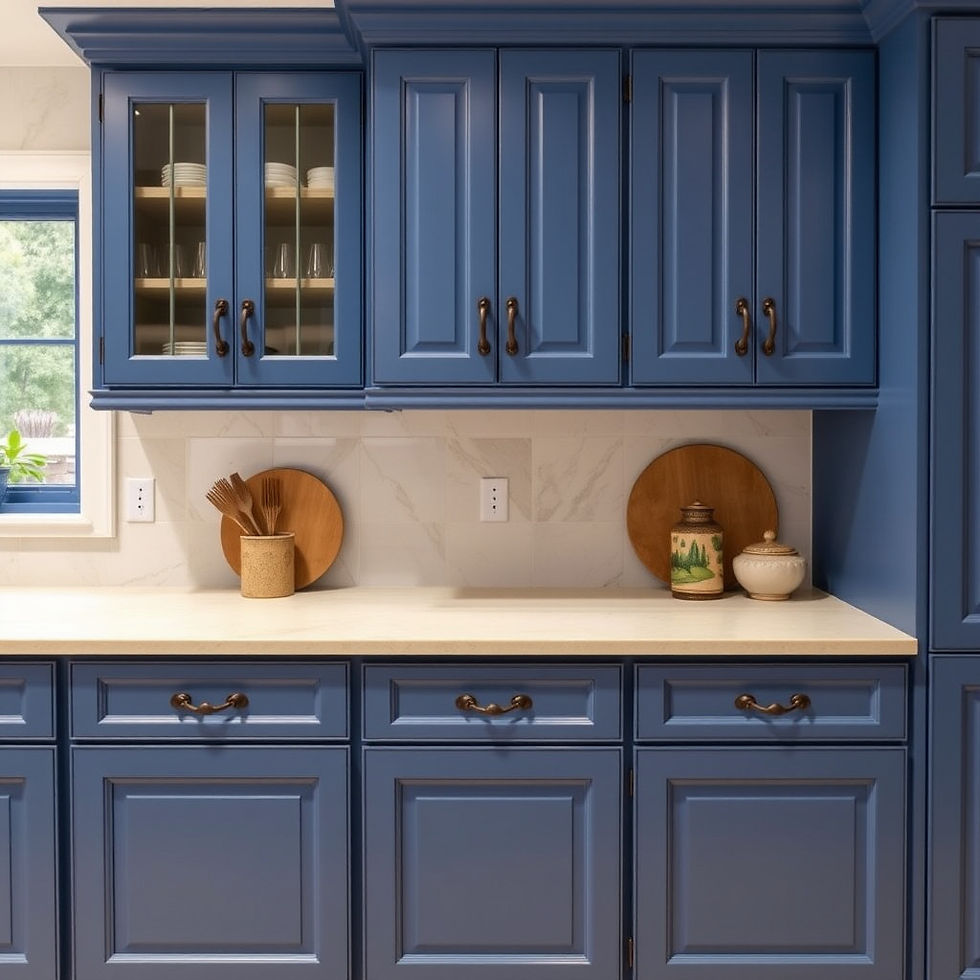 A charming kitchen space featuring elegant blue cabinetry with bronze handles, complemented by a light marble countertop and backsplash. Warm wooden cutting boards, rustic ceramic jars, and an abundance of natural light create a cozy and inviting atmosphere.