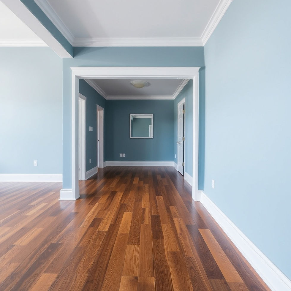 A spacious room featuring elegant hardwood flooring, set against calming blue walls, creates a serene and inviting atmosphere.