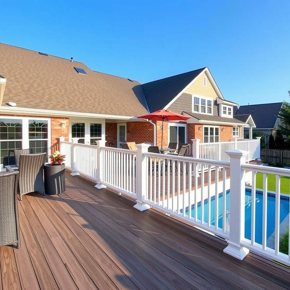 A sunny day highlights the inviting backyard deck of a suburban home, complete with comfortable seating, a vibrant red umbrella, and a sparkling swimming pool.