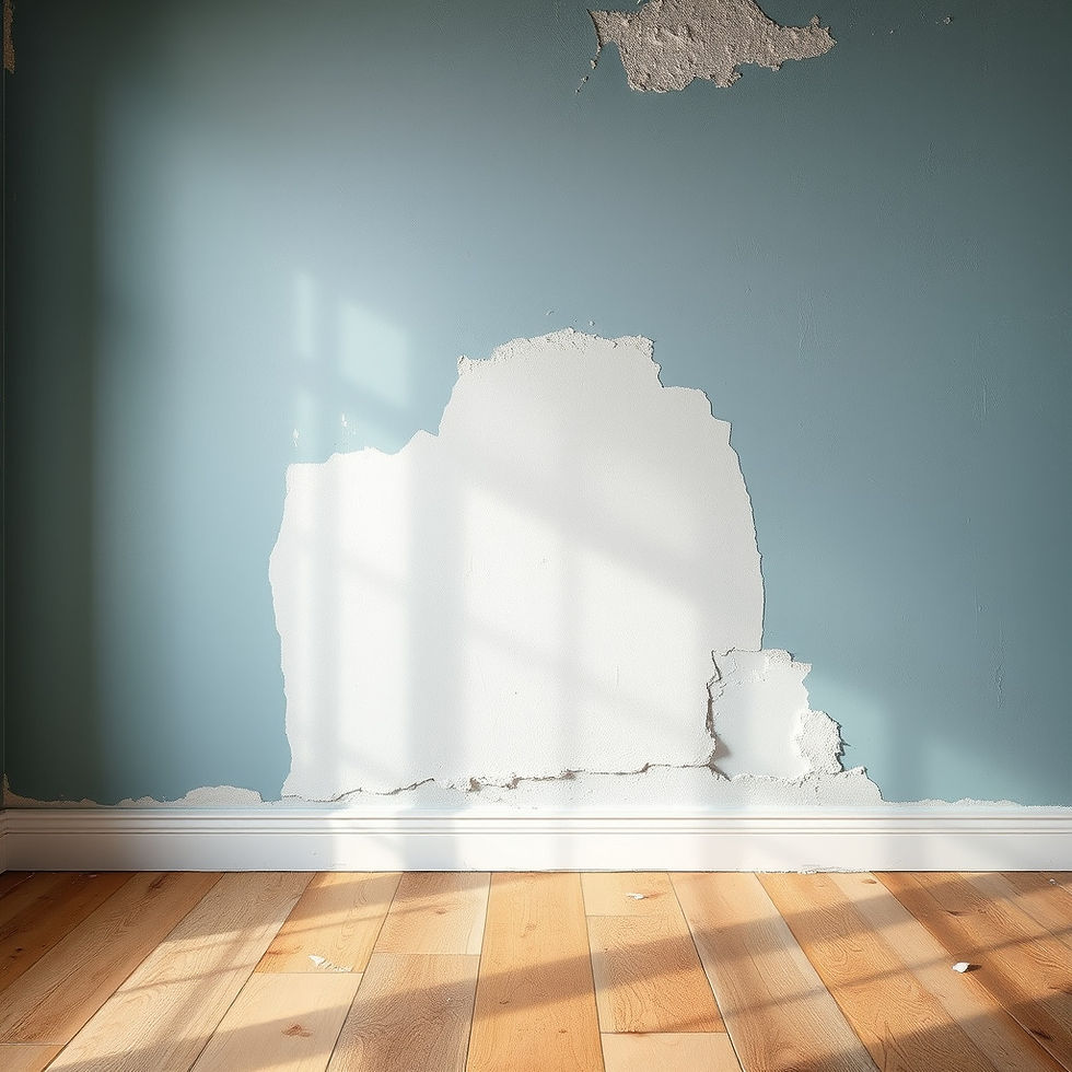 Damaged drywall exposing the underlying layers, casting shadows in the early light, highlighting the need for repair in a room with wooden flooring.