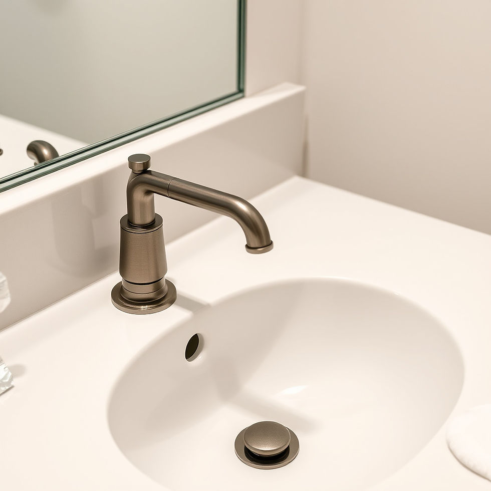 Modern bathroom with a sleek, brushed metal faucet on a pristine white countertop, complementing the minimalist aesthetic.
