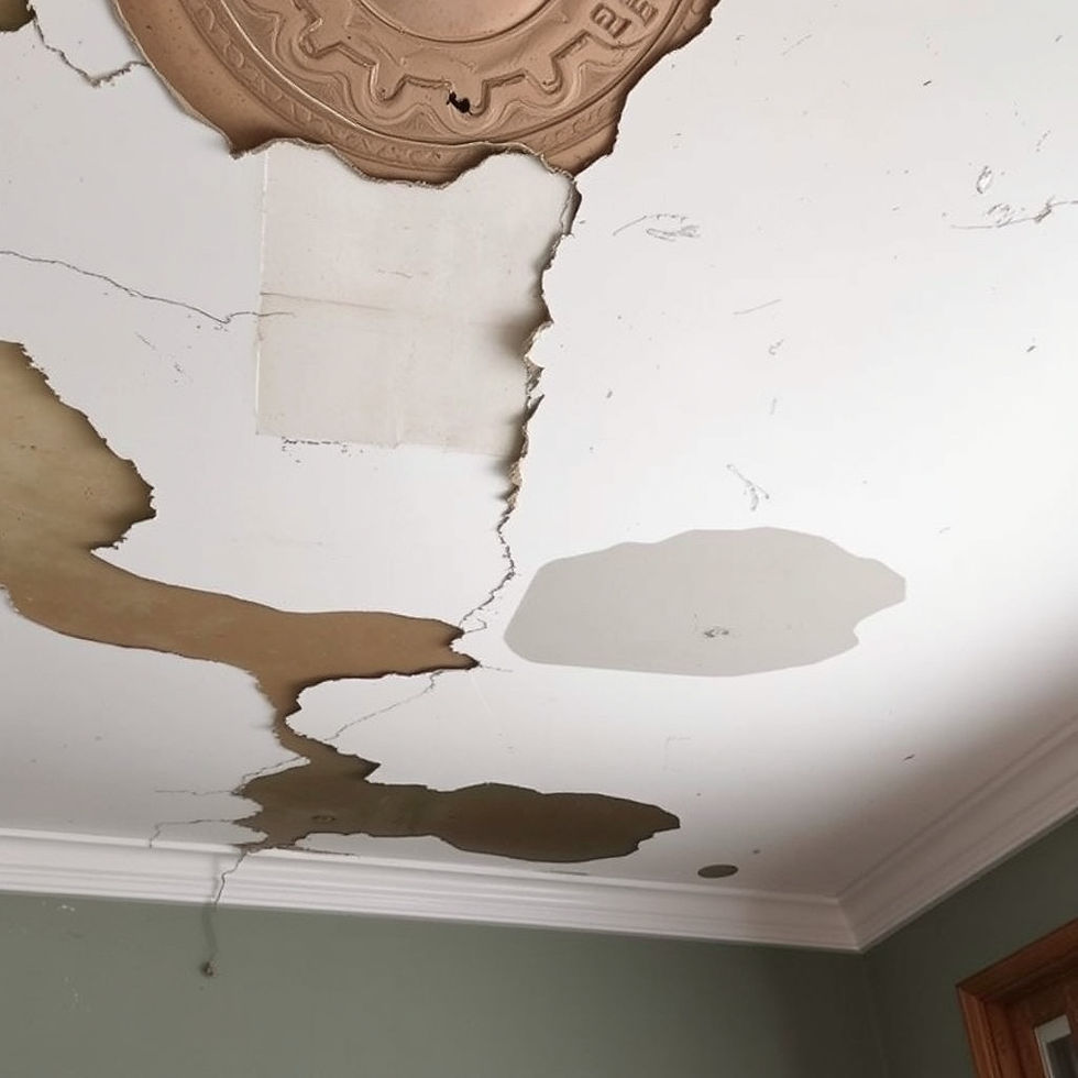 Severe water damage is evident on the ceiling, with discolored patches and cracks surrounding a decorative ceiling medallion.