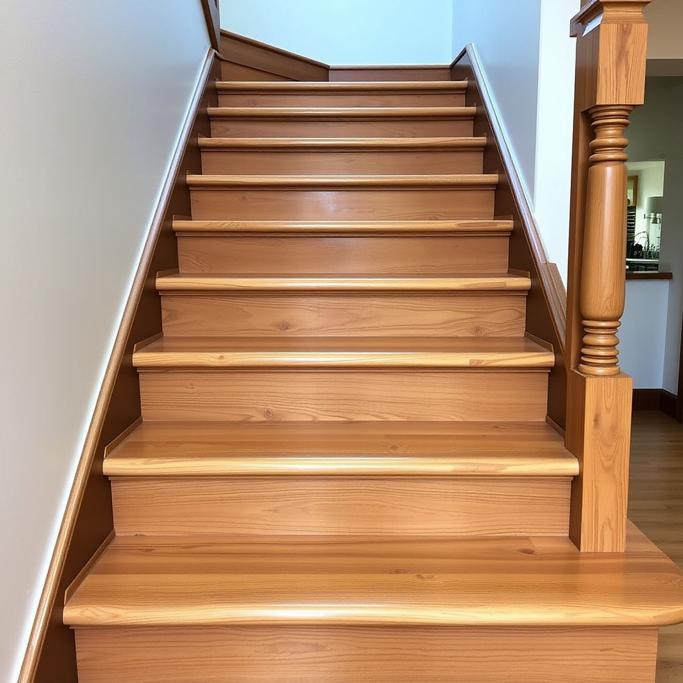 A beautifully crafted wooden staircase with polished handrails, leading to the upper floor of a warmly lit home interior.