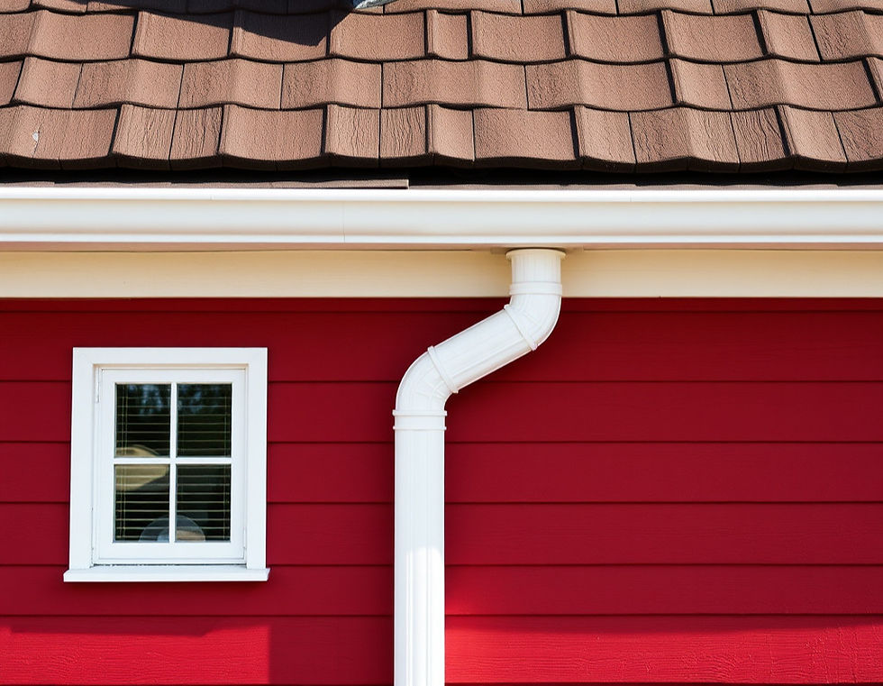 White gutter system installed on a vibrant red house with a small window and brown shingled roof.