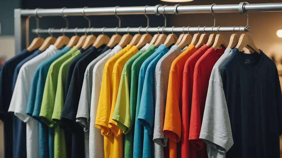 Close-up of a colorful custom t-shirt hanging on a rack