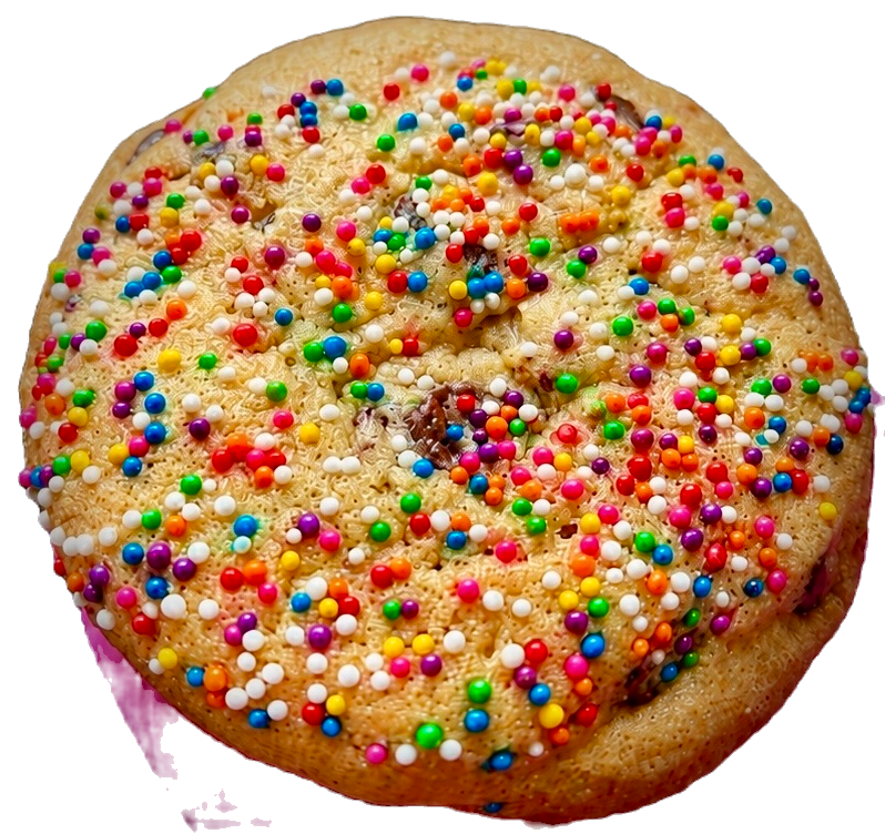 Rainbow sprinkle chocolate chip cookies on a black background