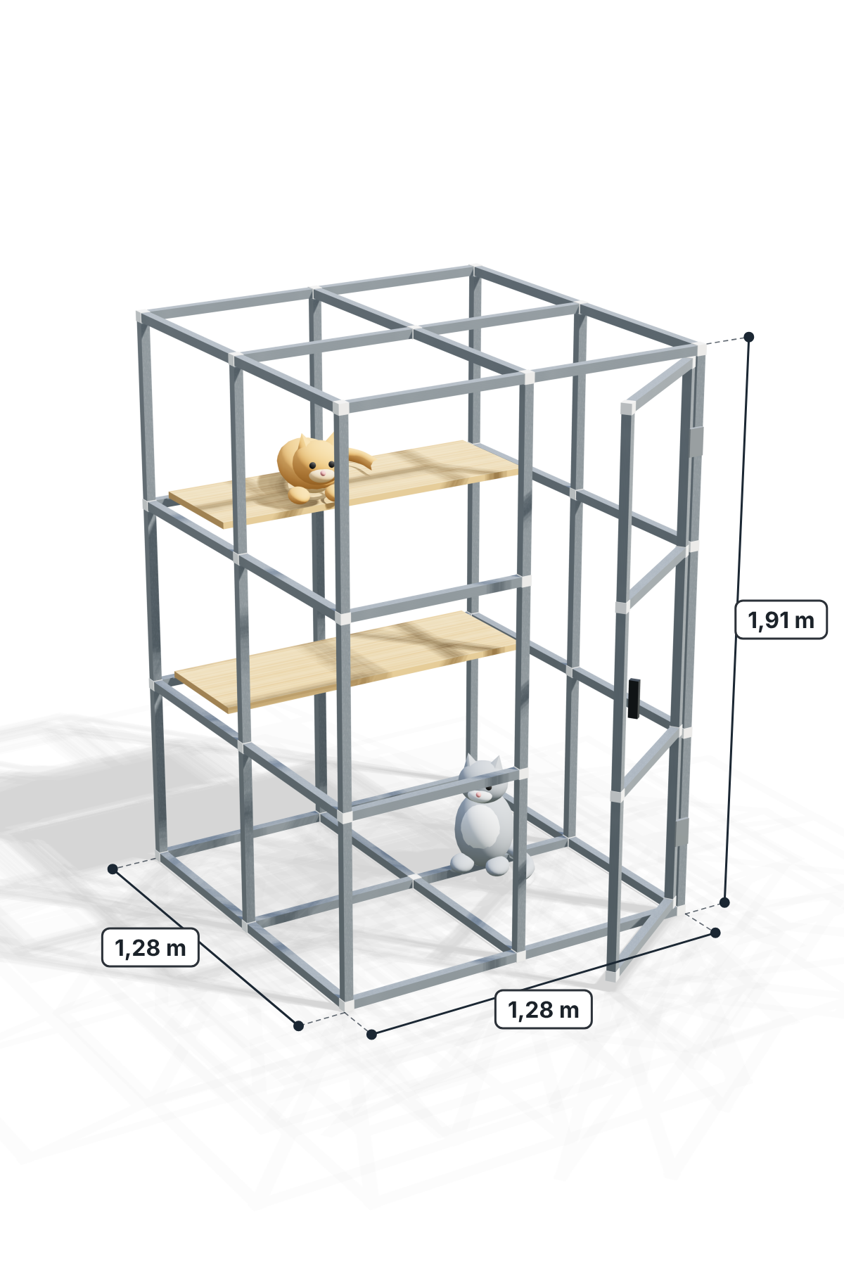 Galvaniz Kedi Balkon Kafesi 1,28 × 1,28 × 1,91 m, Kapılı - ölçülü ürün görseli