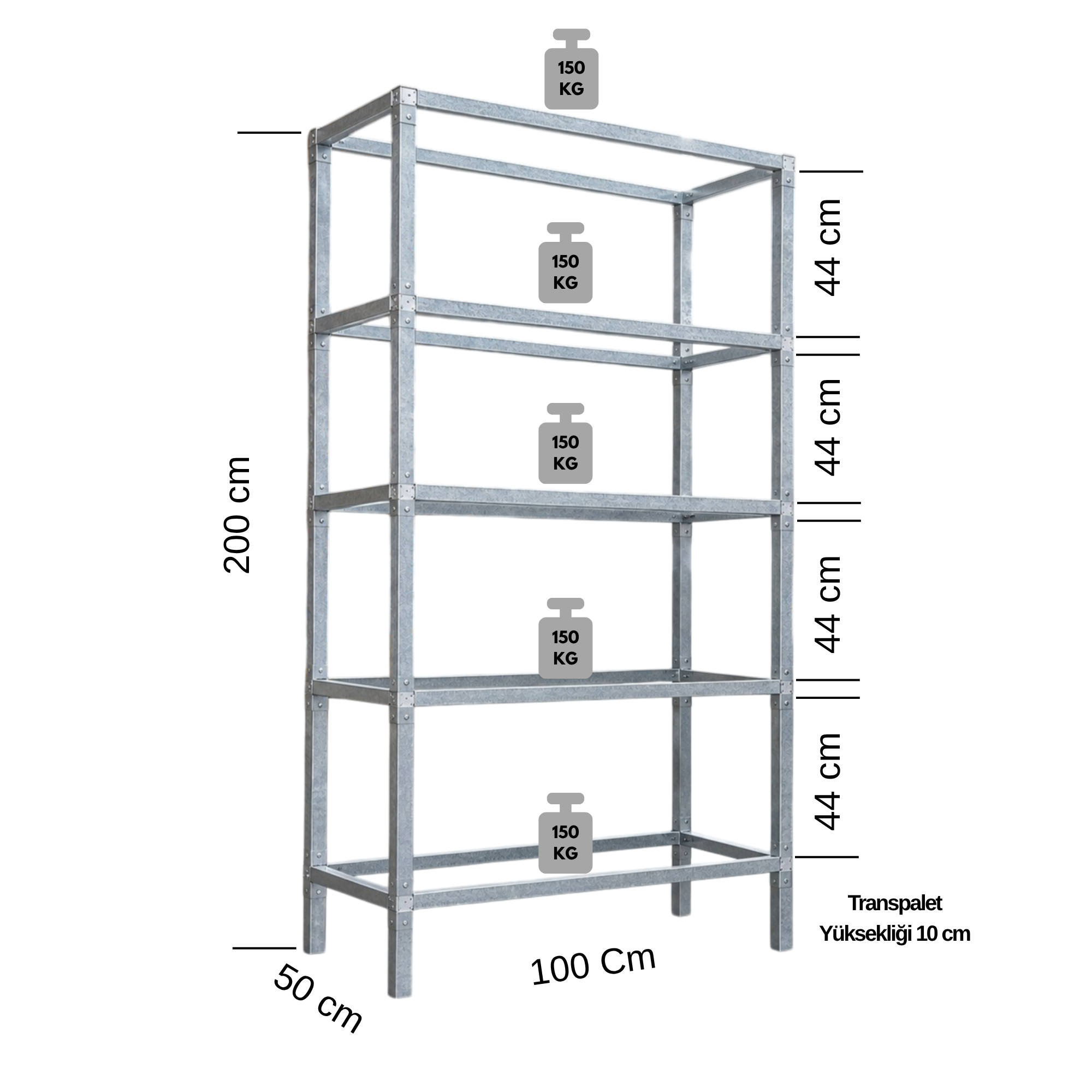 5 Katlı Galvaniz Profil Ağır Yük Rafı İskeleti 100x50x200