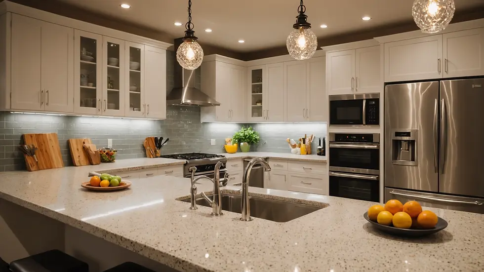Eye-level view of a pristine kitchen with sparkling countertops