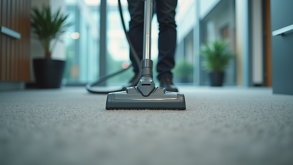 Close-up view of a professional cleaner vacuuming a commercial office carpet