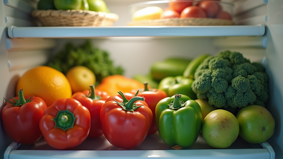 Eye-level view of a neatly organized refrigerator with fresh fruits and vegetables