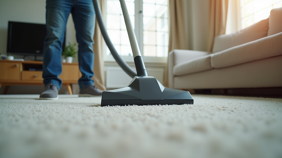 Close-up view of a professional cleaner vacuuming a carpet in a living room