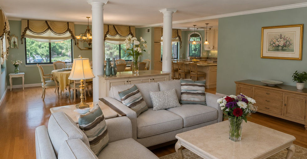 living room in condo unit 602 at Ferncroft Tower in Middleton, MA