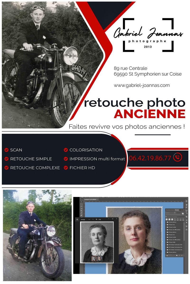 Publicité pour la retouche photo, avec un homme sur une moto vintage et transformation d'une photo en couleur. Contact et services inclus.