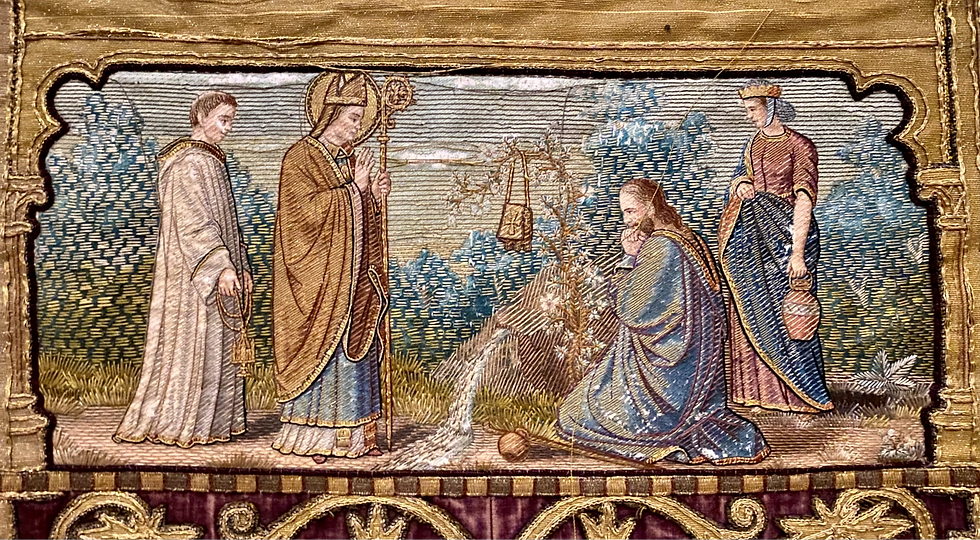 Broderie représentant la légende de Notre-Dame de l'Epine sur une bannière de la basilique