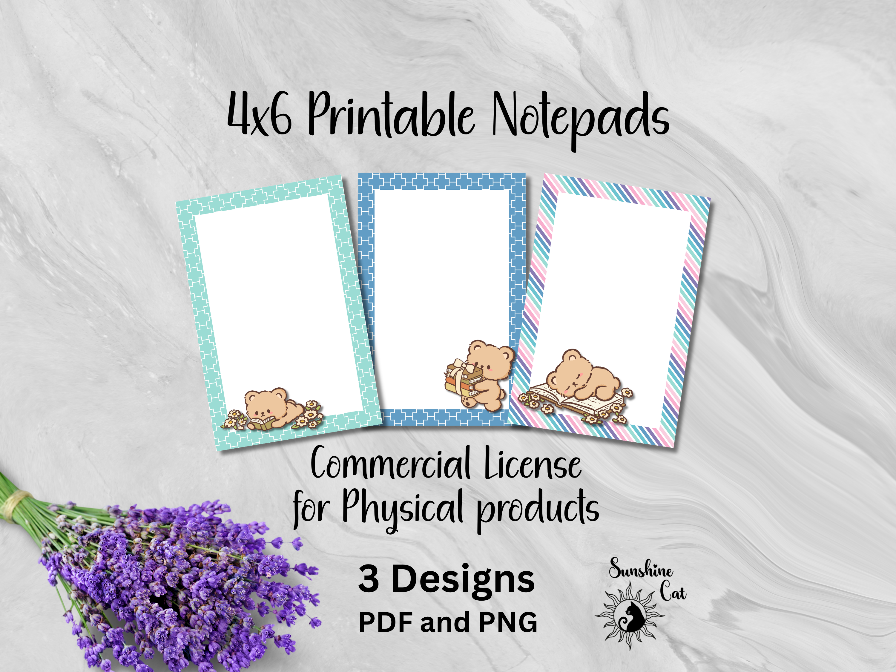Three 4x6 printable notepad designs with gingham cat art.