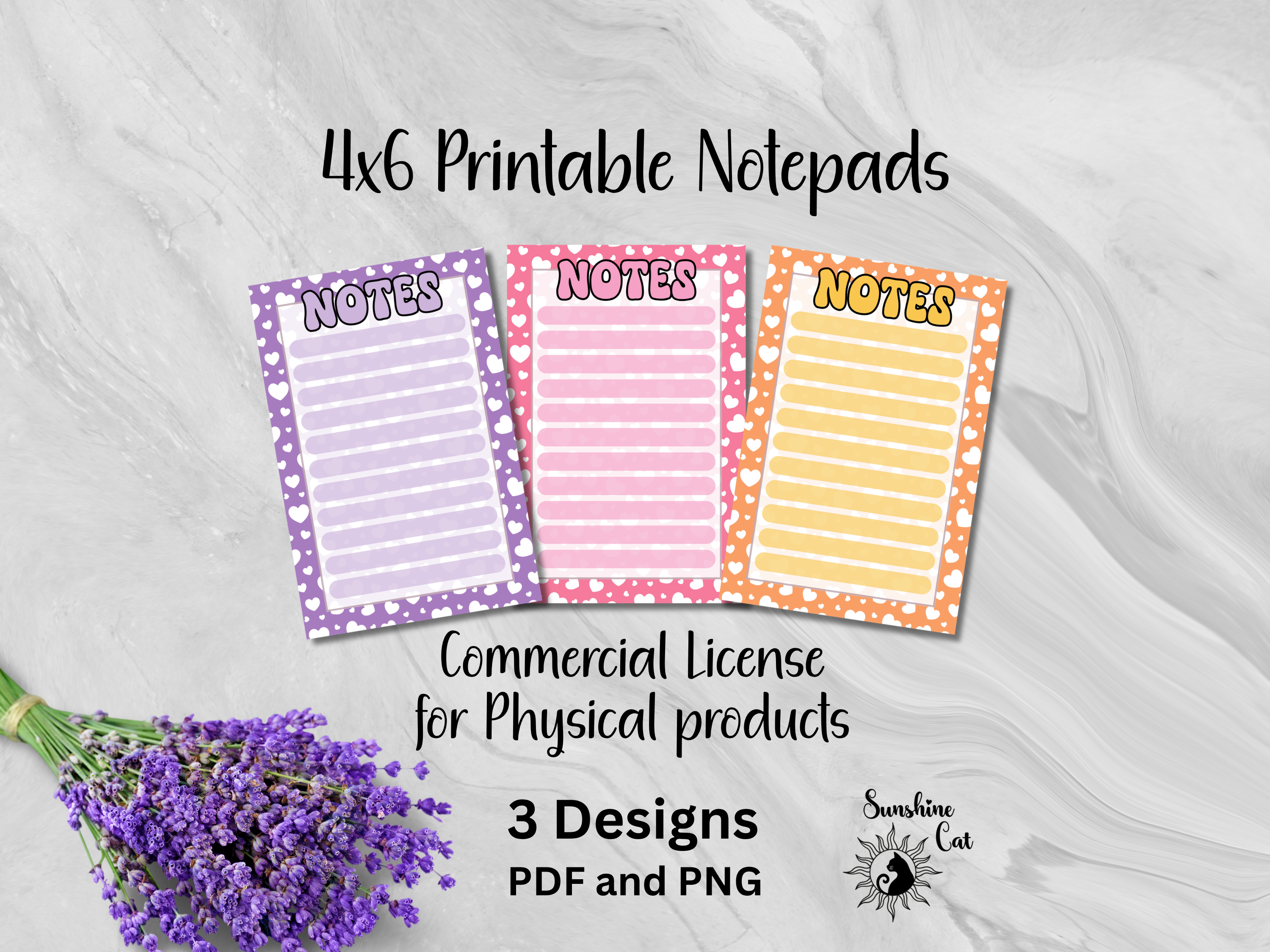 Three 4x6 groovy printable notepad designs in purple, pink, and orange.