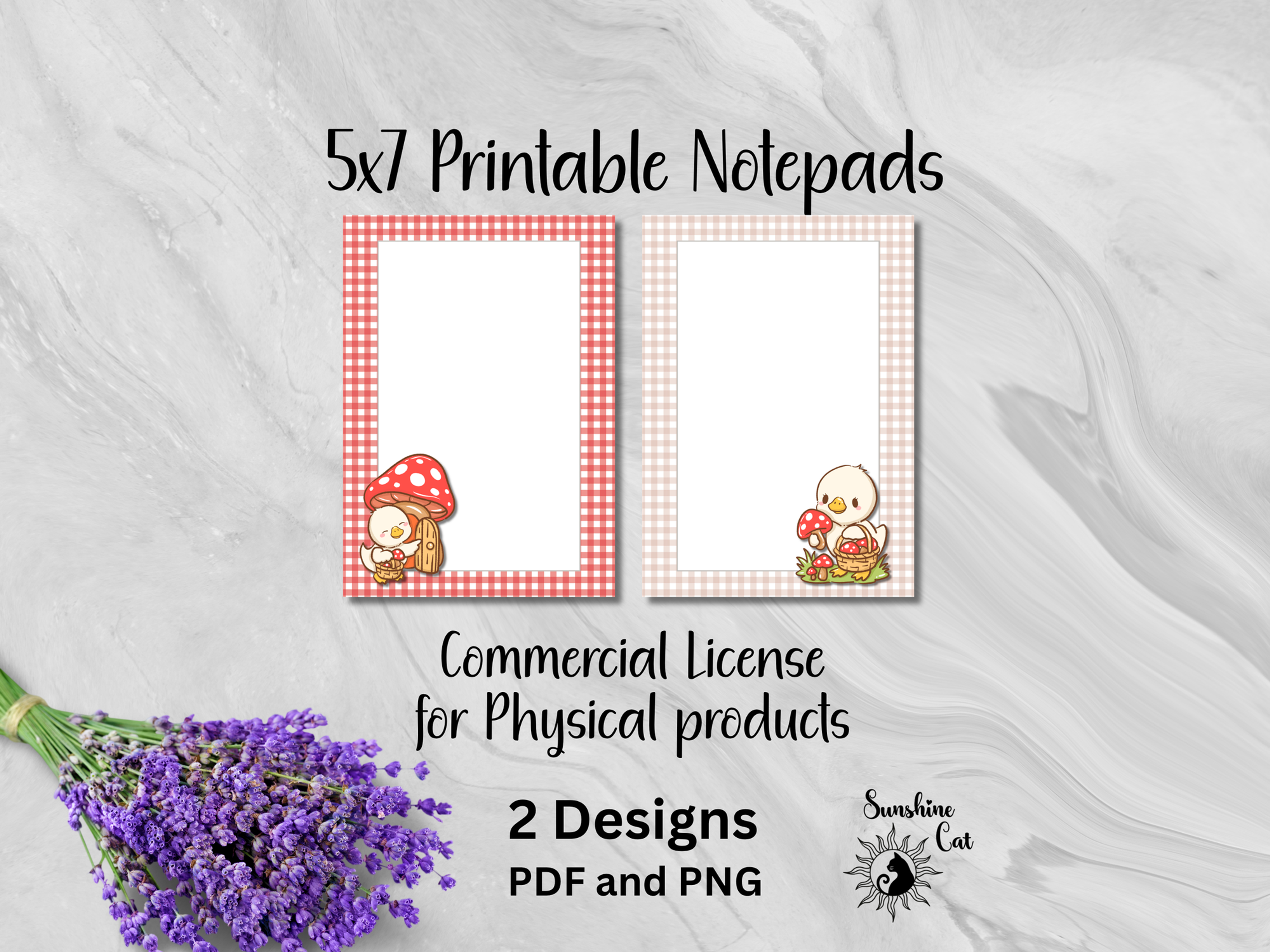 Two printable gingham cat notepad designs with red borders.