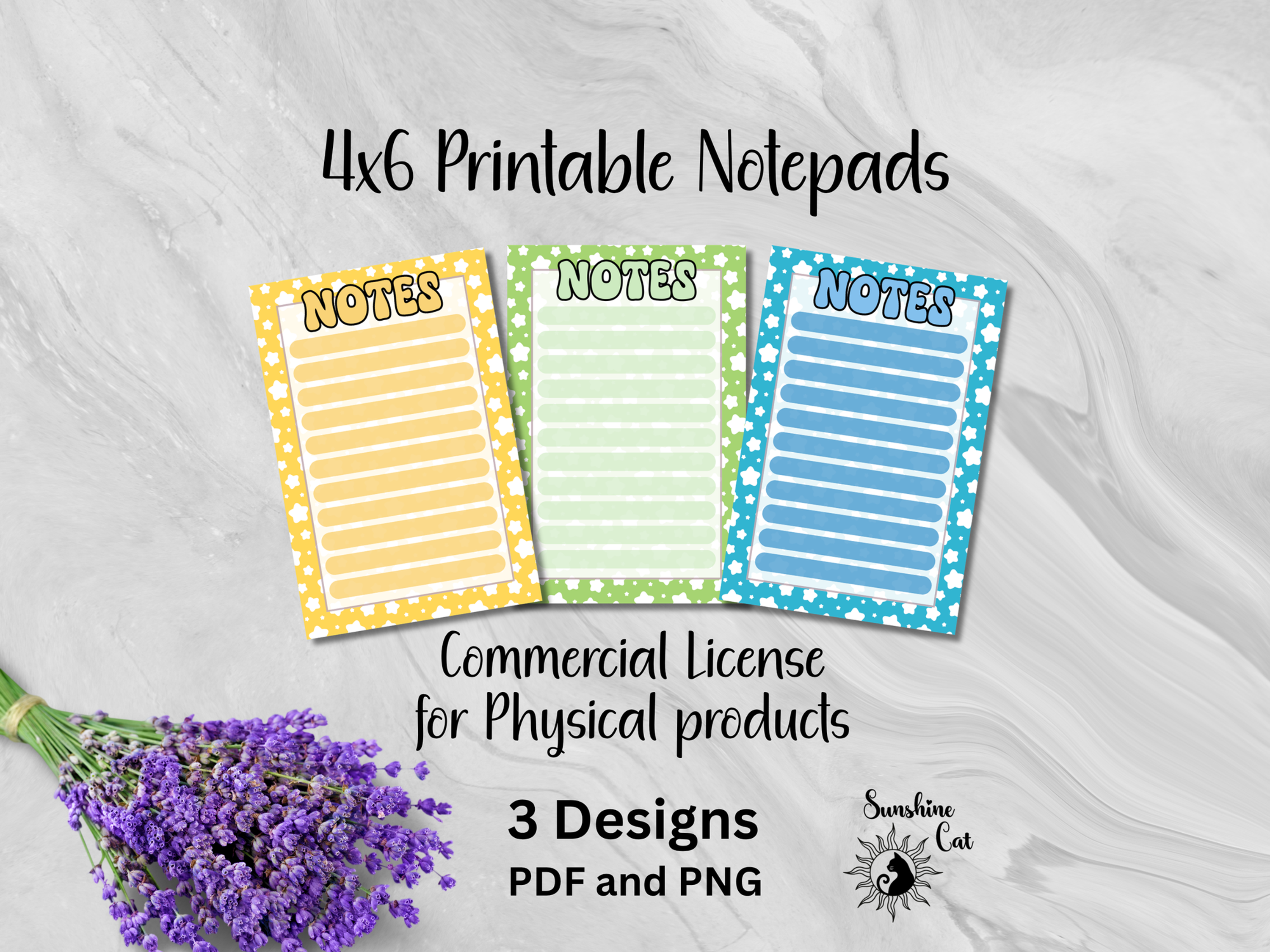 Three 4x6 printable notepad designs in yellow, green, and blue.