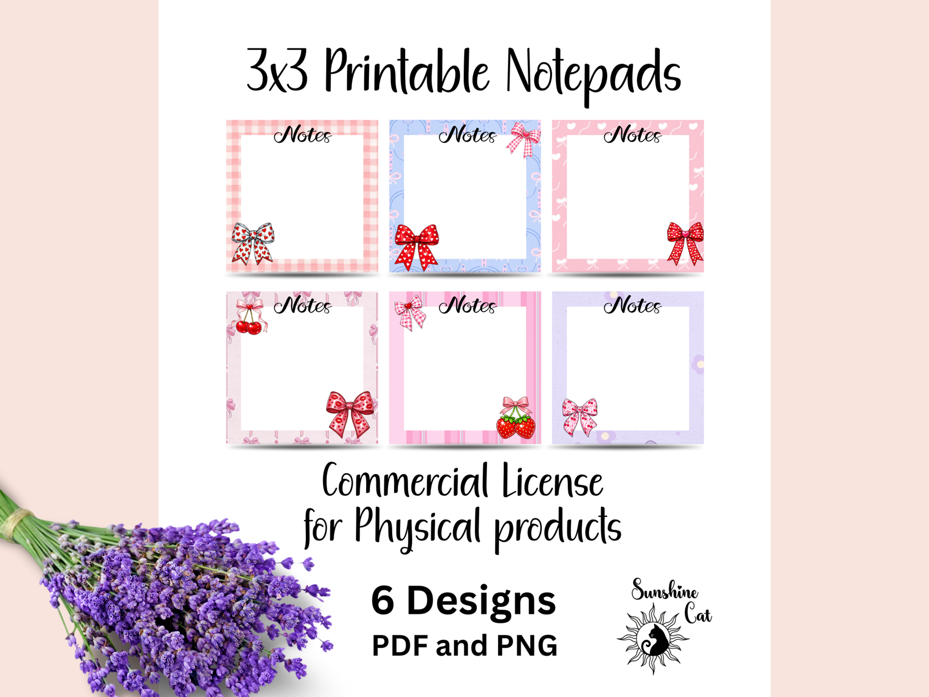 3x3 Printable Notepads with red bows and cherry designs