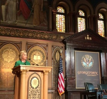 Former Secretary of State Hillary Clinton speaking on behalf of women worldwide at Georgetown University last week. Gaston Hall was packed and enthusiastic--I felt like I had stepped into a rock concert.