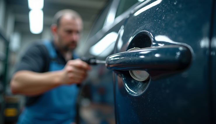 Close-up view of a technician using paintless dent repair tools on a car door
