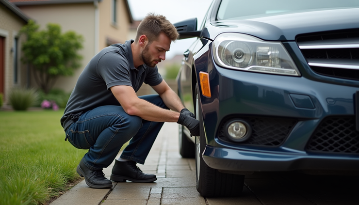Eye-level view of a mobile bumper repair technician fixing a car bumper in a residential driveway