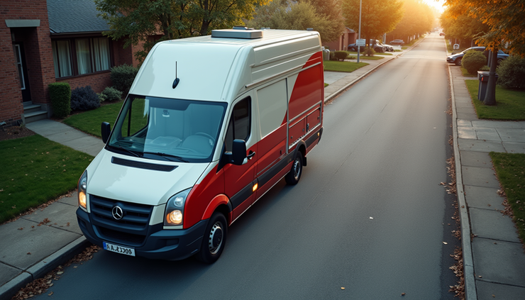 High angle view of a mobile repair van parked in a suburban street with repair tools visible