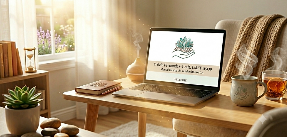 Welcoming telehealth office setup featuring a computer screen displaying Fritzie Fernandez-Craft trauma therapy services.