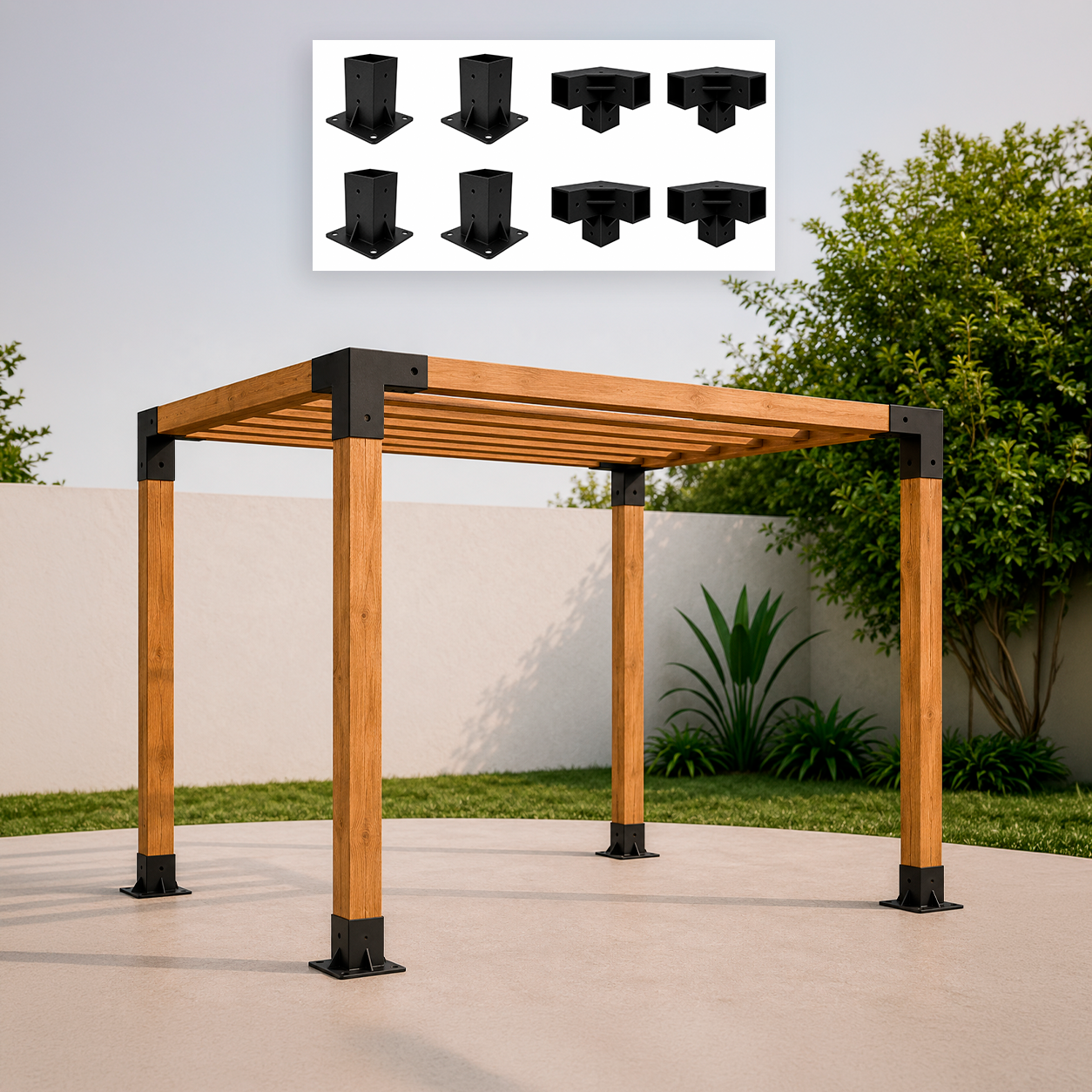 Kit Pergolado 4 Pilares 6x6 cm - Bases e Conectores ABS Premium