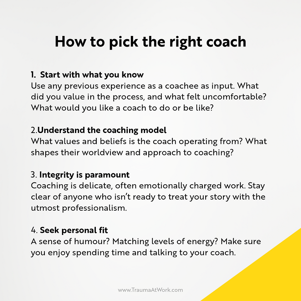 Four key tips to help you find the right coach: start with your past experiences, understand the coaching model, prioritize integrity, and ensure a personal fit to create a successful coaching relationship.